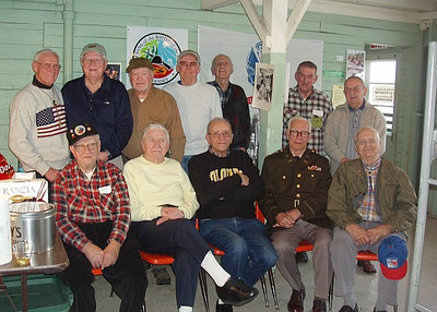 > Here are three 87th Division Veterans attending the re-enactment of
The Battle of the Bulge at Fort Indiantown Gap, PA
the week of Jan. 23-27, 2007.
In top row extreme left;
with American Flag on sweater, George Watson; M-346;
In brown shirt and wool knit cap; John McAuliffe; M-347
In front Row, extreme right: Charles Nelson, M-346.
We lived in the original WW-II barracks as you can see....
Lots of Fun and memories..
photo and info submitted by
John McAuliffe
For info on 87th Infantry Division Association:
http://www.87thinfantrydivision.com > Here are three 87th Division Veterans attending the re-enactment of
The Battle of the Bulge at Fort Indiantown Gap, PA
the week of Jan. 23-27, 2007.
In top row extreme left;
with American Flag on sweater, George Watson; M-346;
In brown shirt and wool knit cap; John McAuliffe; M-347
In front Row, extreme right: Charles Nelson, M-346.
We lived in the original WW-II barracks as you can see....
Lots of Fun and memories..
photo and info submitted by
John McAuliffe
For info on 87th Infantry Division Association:
http://www.87thinfantrydivision.com